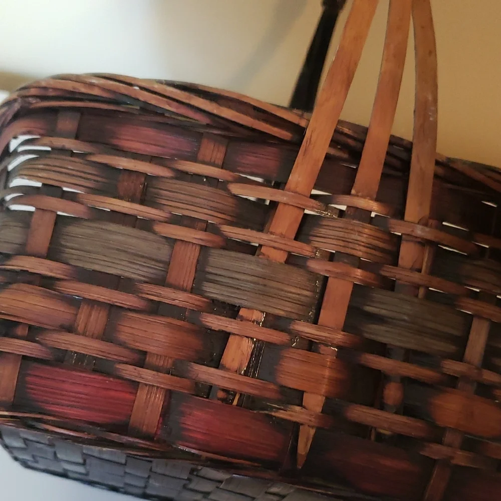 Woven Basket with Handle- Brown W/ Subtle Burgandy & Green Tones